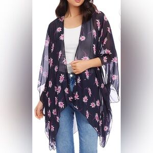 Karen Kane Womens Berry Blue Open Front Kimono Dusty Size S/M With Pink Flowers